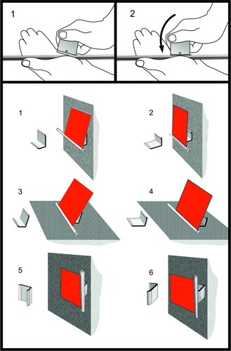 Visualisierung, wie die Cartes-Bilderleiste aufgestellt oder horizontal bzw. vertikal an einer Wand befestigt wird.